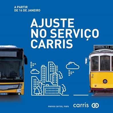 Imagem com autocarro à esquerda, elétrico à direita e no centro o descritivo: Ajuste no serviço Carris, a partir de 16 de janeiro