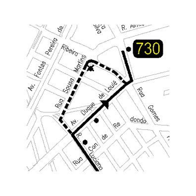 Mapa de alteração provisória de percurso da 730 que circula via Av. Duque de Loulé e Praça José Fontana nos dias 7 e 8 de agosto.