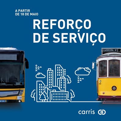 Imagem com autocarro à esquerda, elétrico à direita e no centro o descritivo: Reforço de serviço a partir de 18 de maio