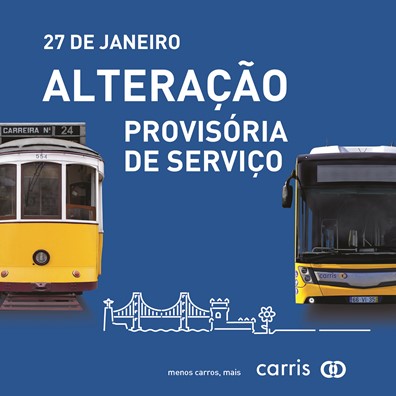 Imagem com elétrico à esquerda, autocarro à direita e no centro o descritivo: Alteração provisória de serviço, 27 de janeiro