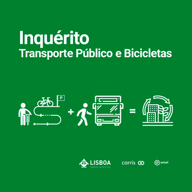 Imagem com ícones de boneco + bicicleta + parque, boneco a entrar para autocarro, ícone de sustentabilidade, com o descritivo: Inquérito Transportes Públicos e Bicicletas